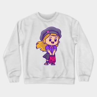 Cute Girl With Bag And Wearing Hat Cartoon Crewneck Sweatshirt